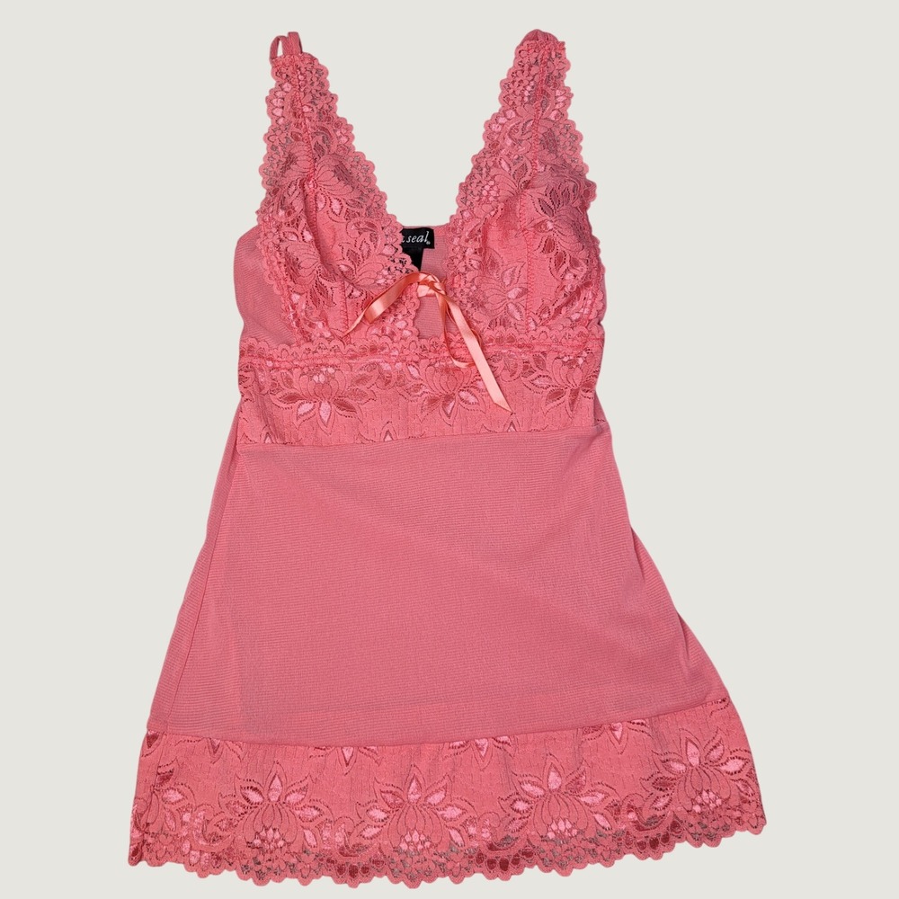 Wet Seal Coral Pink Lace Babydoll Chemise Lingerie Top Floral Y2K Coquette MED